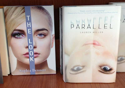 Two different book covers, both with supermodel-looking white women's faces divided in half