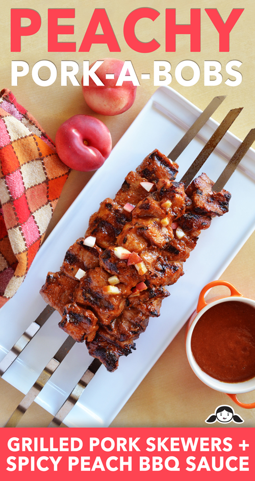 A shot of Peachy Pork-a-Bobs, Whole30-friendly grilled pork skewers with a sweet and spicy peach barbecue sauce.