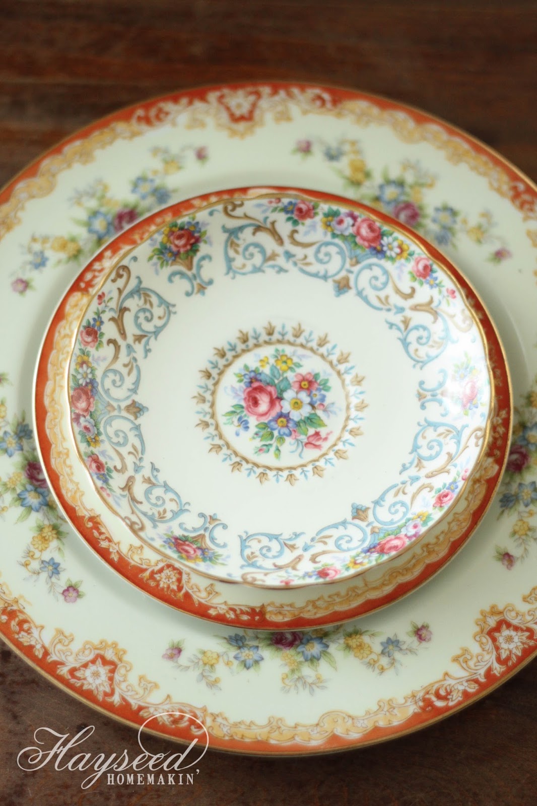 Hayseed Homemakin' Mismatched China Plates & Saucers