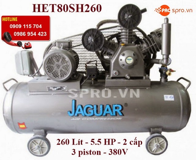 2.	Máy nén khí piston 5.5HP 2 cấp Jaguar HET80SH260 dung tích 260L