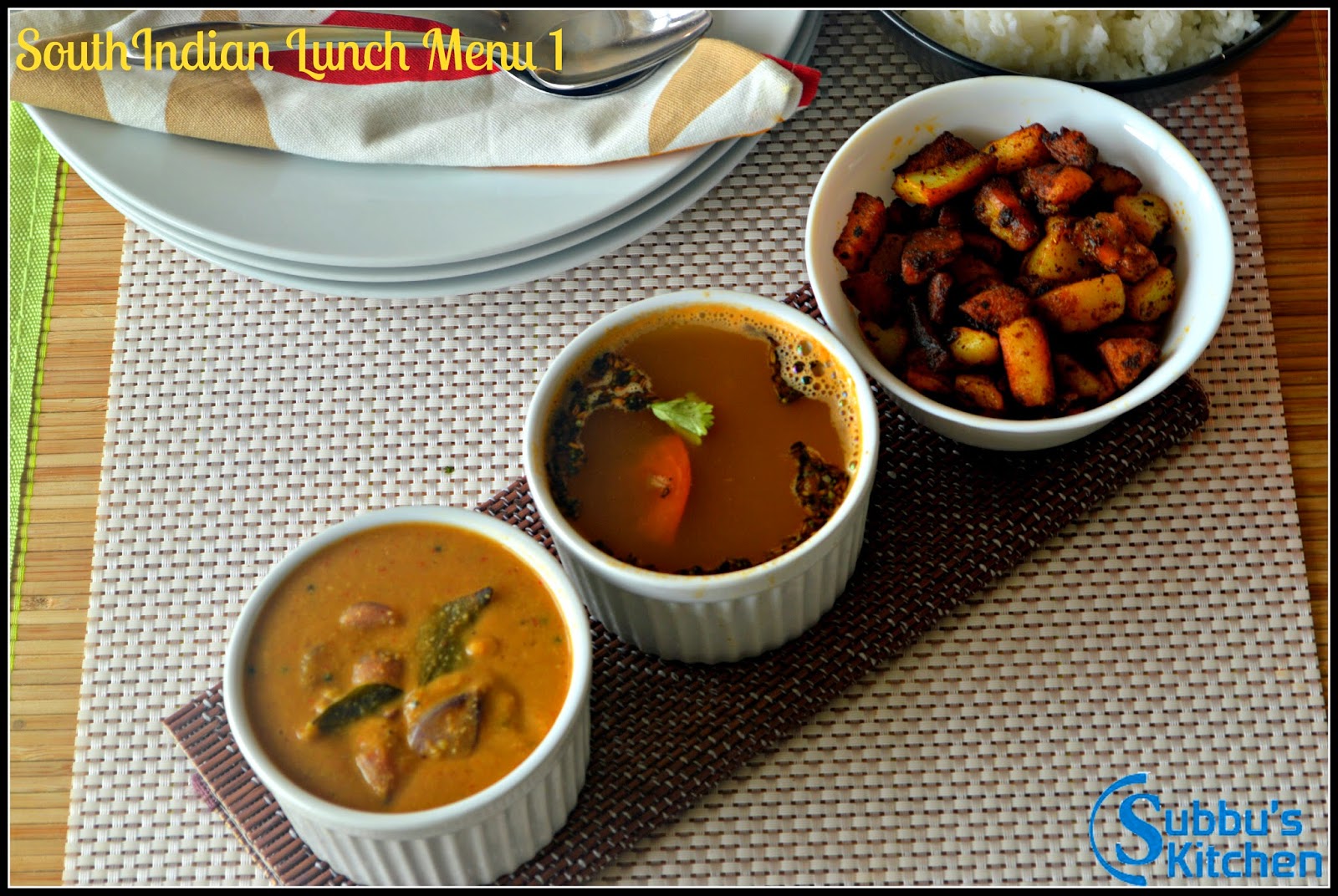 SouthIndian Lunch Menu Ideas 1 - Vengaya Sambar, Thakkali Rasam and Urulai Kara Curry SouthIndian Lunch Menu Ideas 1 - Vengaya Sambar, Thakkali Rasam and Urulai Kara Curry