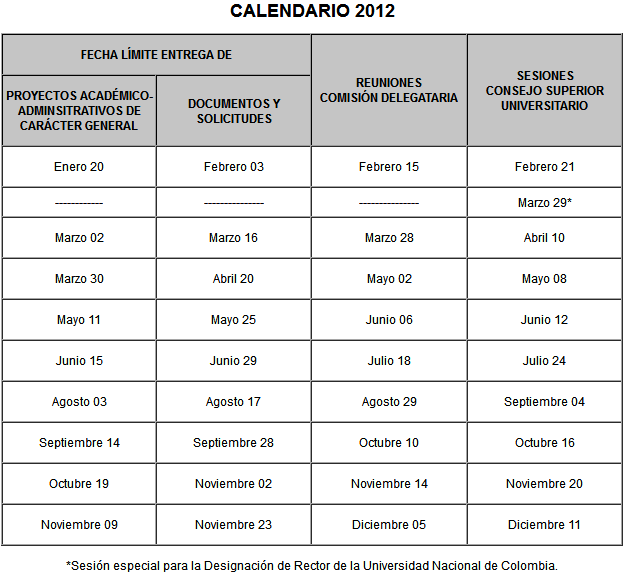 Calendario de sesiones del CSU - 2012