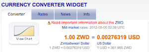 Zimbabwean Dollar Conversion to US Dollar as of 5/4/2012