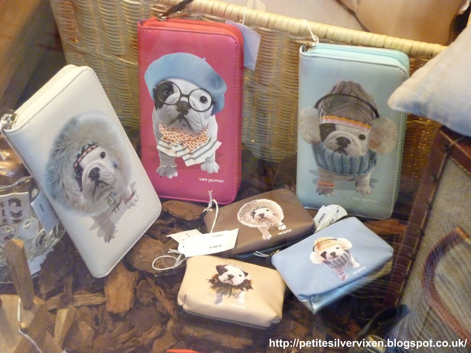 Window display of wallets & purses with pugs on them | Petite Silver Vixen