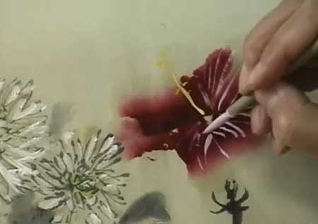 Painting White Aster and Red Hibiscus