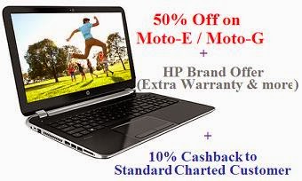 Buy HP Laptop & Get Flat 50% Off on Moto E or Moto-G Mobile + Extra HP Brand Offer + 10% Extra Cash Back (For Standard Charted Bank Customer)