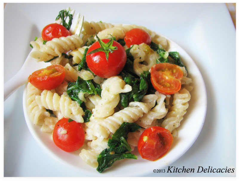 Pasta with Spinach and Cherry tomatoes Kitchen Delicacies