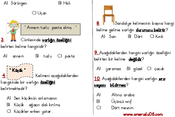 2. Sinif Türkçe Sifatlar Değerlendirme Testi Soruları - Ders ve Çalışma