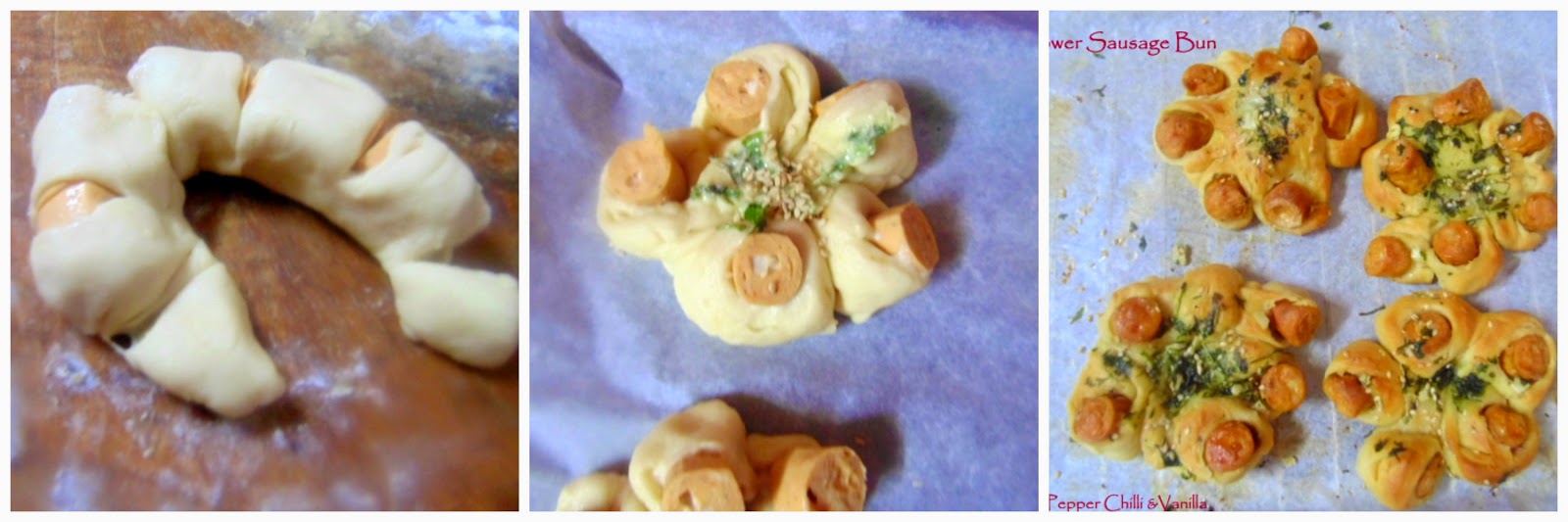 Flower Sausage Buns/Flower Shaped Sausage Buns/Twisted Wienerwurst Buns Pepper, Chilli and Vanilla