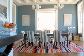 Colorful dining room by Stay at Home-ista: flor tiles in parallel reality, overstock striped chairs, beamed ceiling and an ikea dining table
