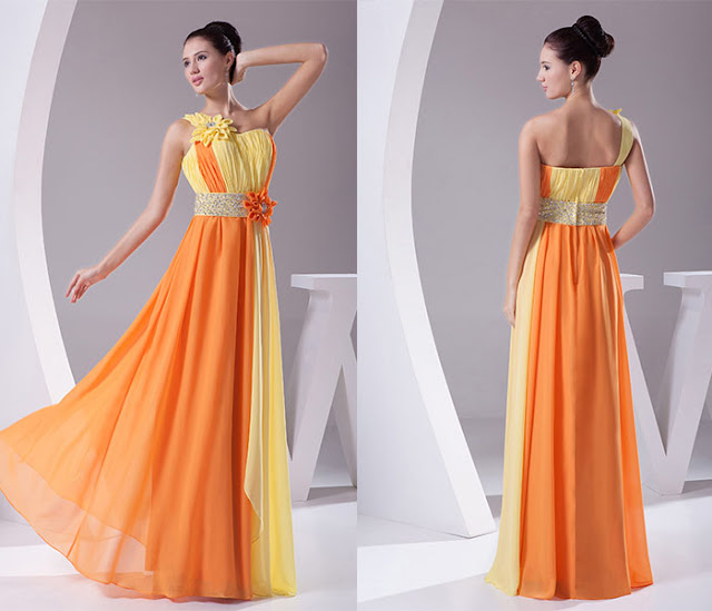 yellow ombre one shoulder bridesmaid dresses