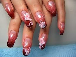 Maroon Glossy Nail art With Pink Flowers