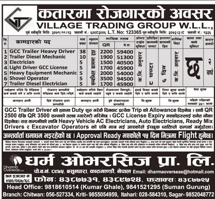 Job Vacancy in Qatar for 7 different job posts. Salary Up to Rs 94,500