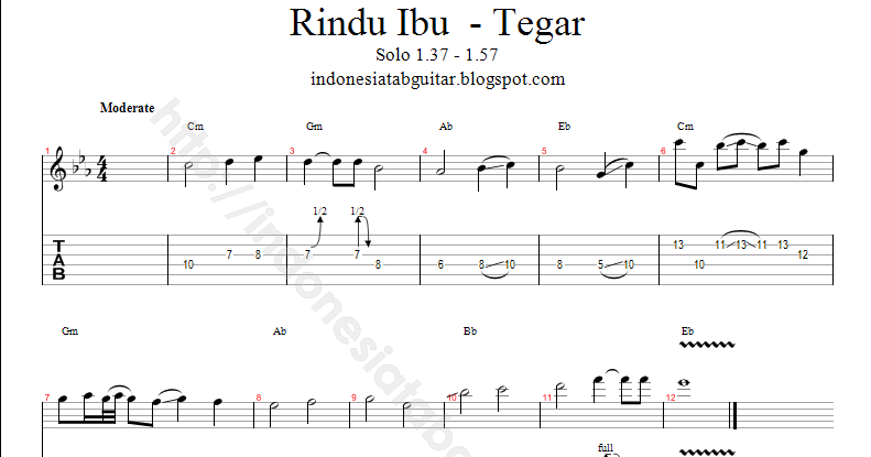 Tab Gitar: Tab guitar Rindu Ibu - Tegar