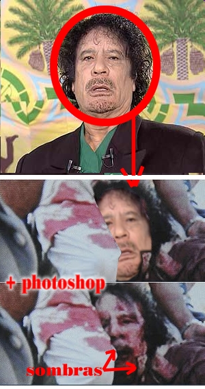 Gadafi no ha sido ni herido ni capturado. El Líder de la Jamahiriya es un Titán, un León, un Brujo en el Desierto que goza de una invencible firmeza para vencer al enemigo colonialista su viva mano de acero aplasta a las hordas terroristas de la OTAN / ON FOTOMONTAJE+GADAFI