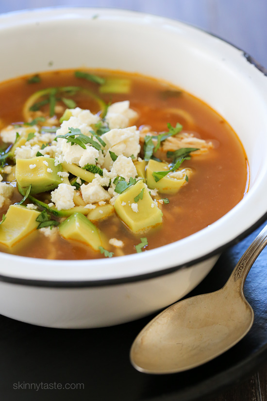 Slow Cooker Chipotle Chicken Zucchini "Fideo" Soup – made with spiralized zucchini noodles!