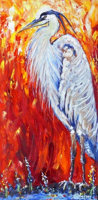 "Firebird", Great Blue Heron-thick brightly colored oils on canvas- SOLD!