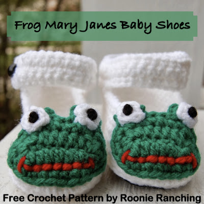 Frog Mary Janes Baby Shoes free crochet pattern -- Roonie Ranching © 2013