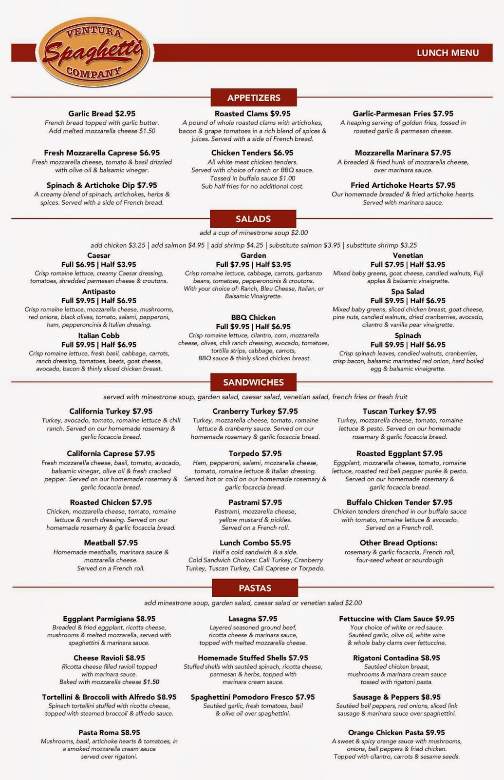 Vc Menu Ventura Spaghetti Company Ventura