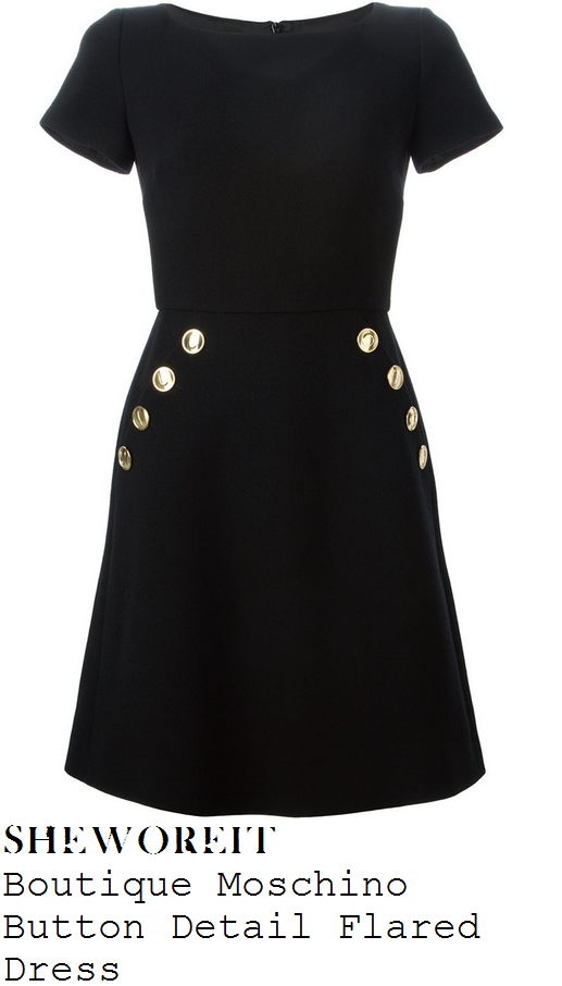caroline-flack-black-short-sleeve-gold-button-detail-dress-x-factor-launch caroline-flack-black-short-sleeve-gold-button-detail-dress-x-factor-launch