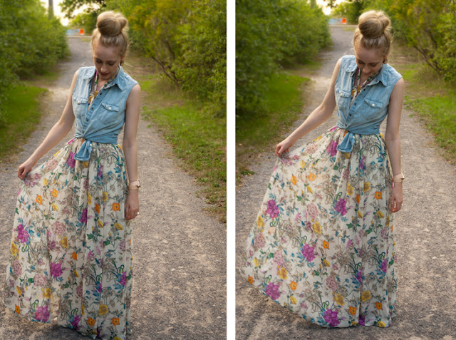 h&m maxi dress floral print denim crop top sleeveless