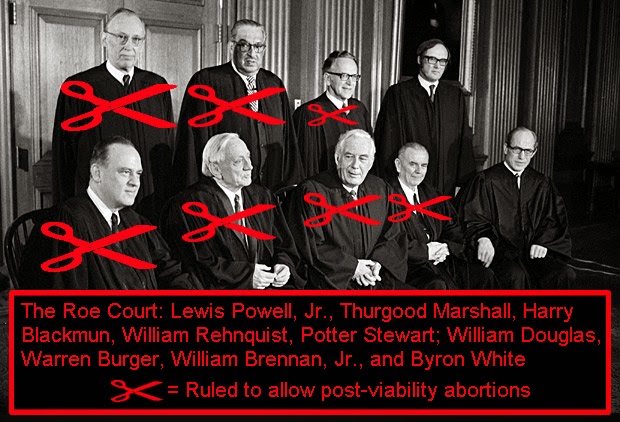 The Roe Court: Lewis Powell Jr., Thurgood Marshall, Harry Blackmun, William Rehnquist, Potter Stewart, William Douglas, Warren Burger, William Brennan Jr., and Byron White. Seven voted to allow post-viability abortions.