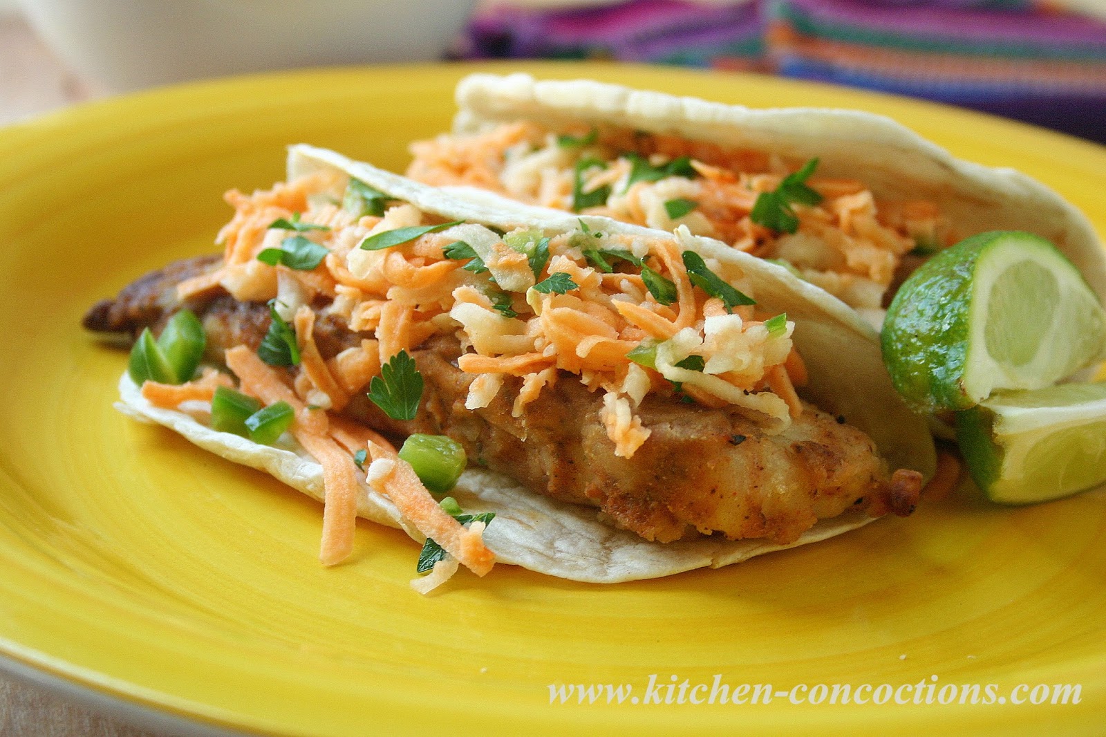 Chili Lime Fish Tacos with Sweet Potato and Jicama Slaw Kitchen