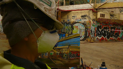 Plein air oil painting in the abandoned Dunlop-Slazenger factory by industrial heritage artist Jane Bennett