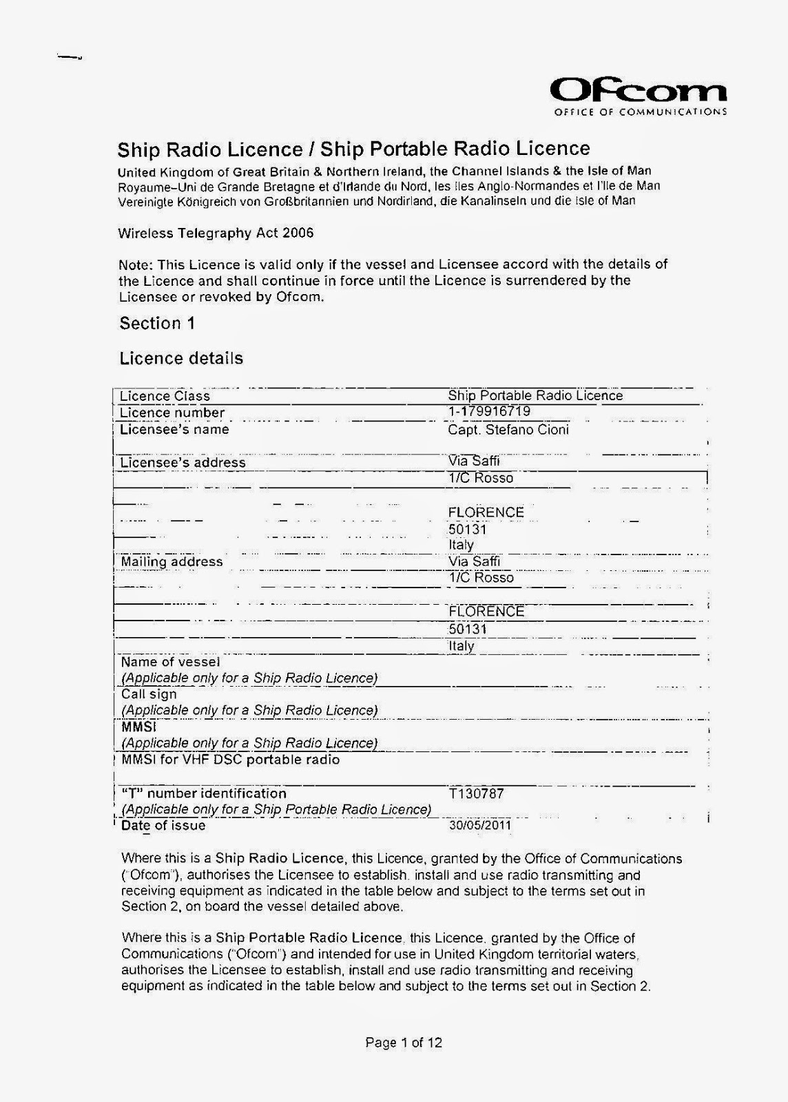 Capt. STEFANO CIONI MCA Master 200 gt RYA Yachtmaster Ocean RYA