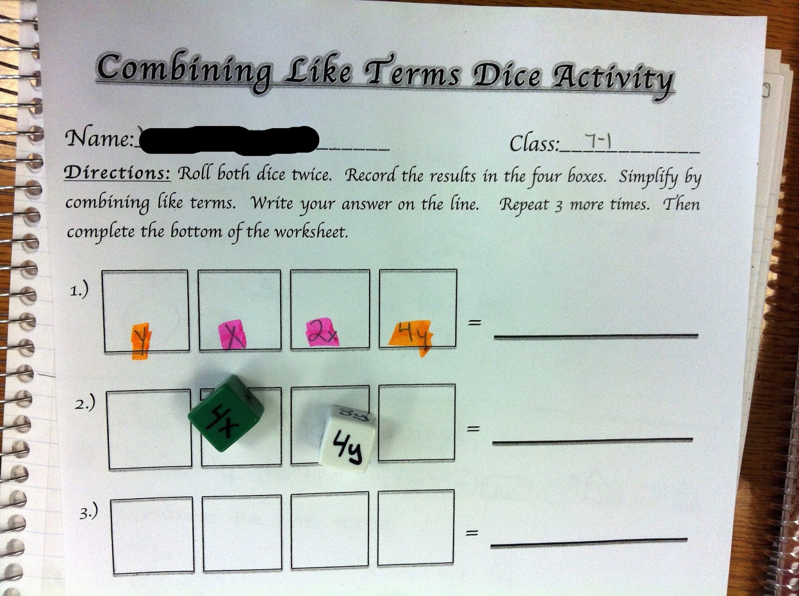 Uncategorized Math Worksheets Combining Like Terms middle school math madness combining like terms dice activity