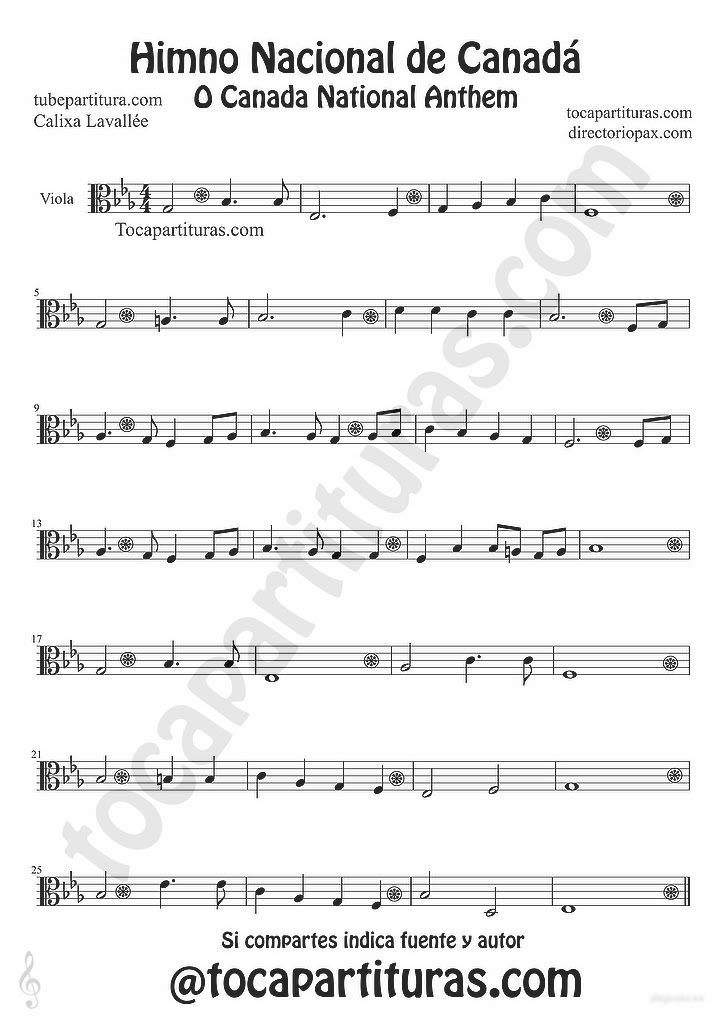 tubescore Canada Nathional Anthem sheet Music for Viola O Canada Music