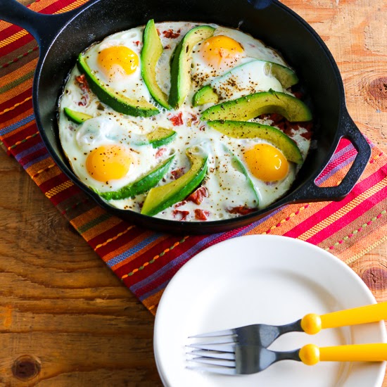 Kalyn's Kitchen® Baked Eggs Skillet with Avocado and Spicy Tomatoes