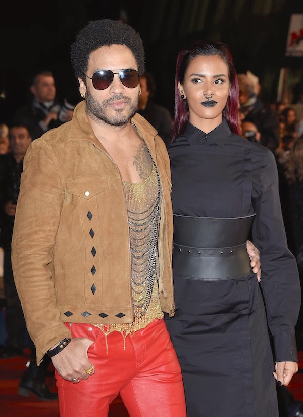 Shy'm with Lenny Kravitz wearing Saint Laurent by Hedi Slimane Spring Summer 2015 brown suede leather jacket at NRJ Music Awards at Palais des Festivals Cannes France 13th December 2014
