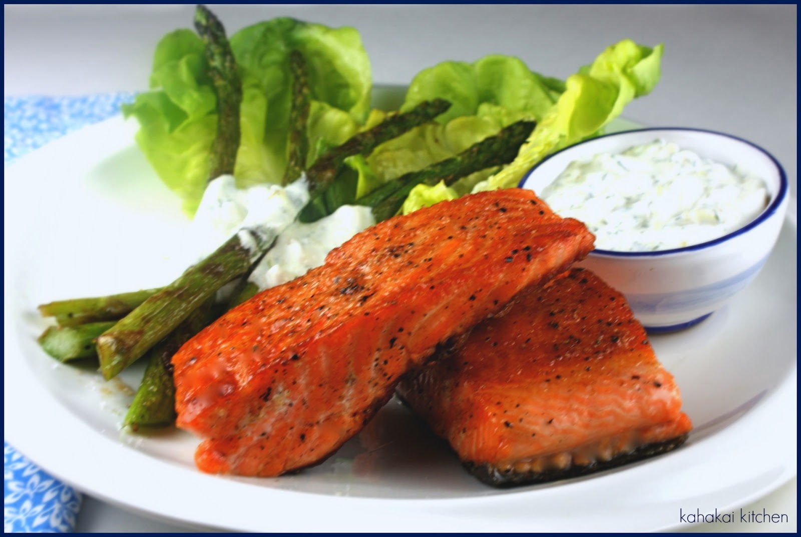 Kahakai Kitchen Grilled Salmon and Asparagus with Preserved Lemon Yogurt Sauce