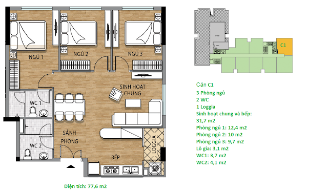 Căn hộ C1 77,6 m2 tầng 7 chung cư Valencia Garden Căn hộ C1 77,6 m2 tầng 7 chung cư Valencia Garden