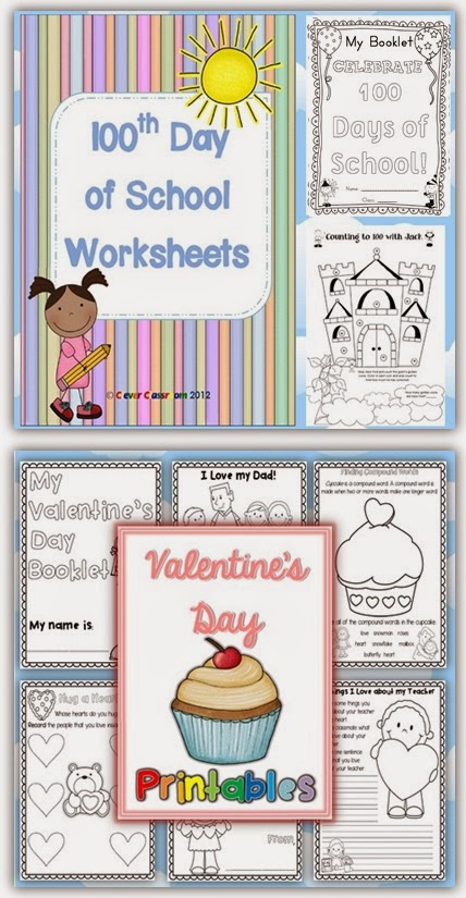 February Printables COMBO 100th Day of School and Valentine's Day Clever Classroom