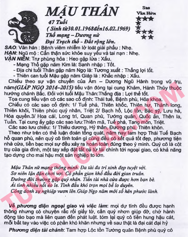 Từ khóa: Mậu Thân , Tuổi 1968 , Tử Vi Tuổi Mậu Thân