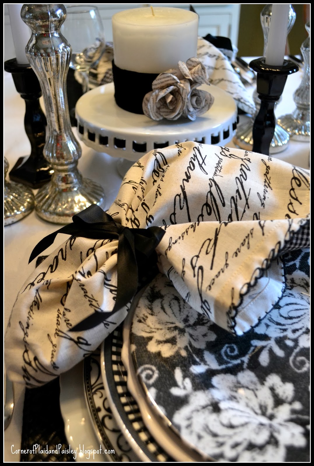 Corner of Plaid and Paisley Black and White Table