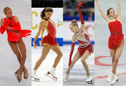 Anna Pogorilaya (RUS), Samantha Cesario (USA), Elena Radionova (USA) og Carolina Kostner (ITA) bærer rød på isen