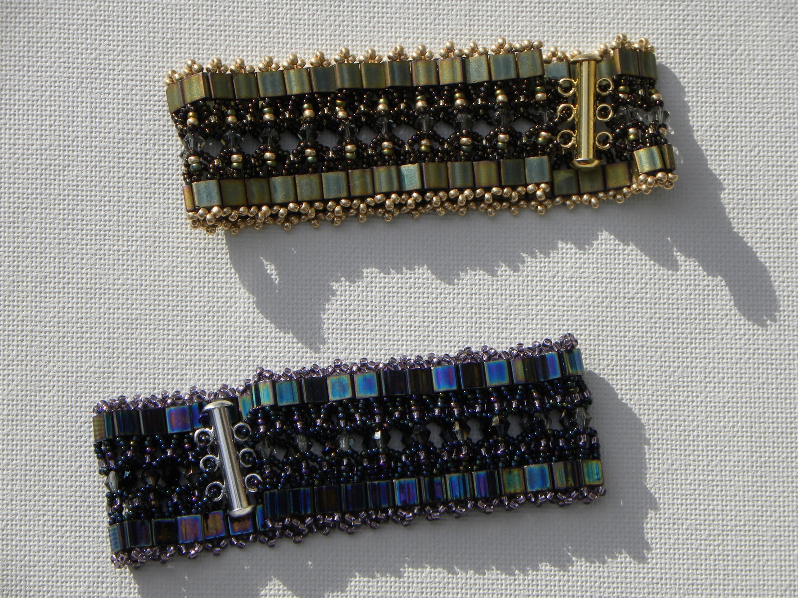 Bits of Glass "tapestry" bracelets w/ Tila tile beads, 4mm crystals