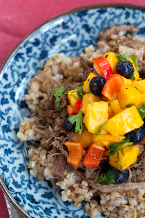Red Shallot Kitchen Slow Cooked Jerk Pork with Mango Blueberry Salsa