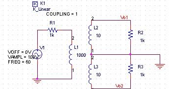 usr602: Coupled inductors to simulate a center tap transformer