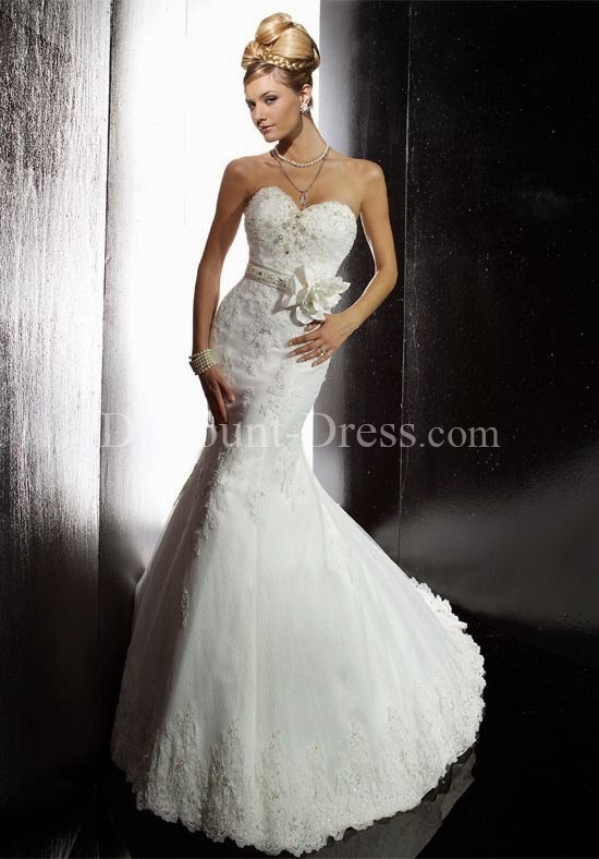 Mermaid Strapless Sweetheart Tulle Lace Semi-Cathedral #wedding #Dress