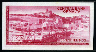 Malta currency 10 Shillings banknote Mgarr Harbor Gozo Valletta Malta