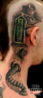 cyborg tattoo on the head, neck and shoulder