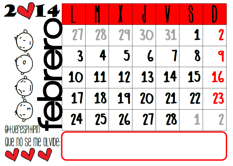 Calendario Febrero 2014 para Imprimir: Descarga Gratis Calendario Febrero 2014 para Imprimir: Descarga Gratis