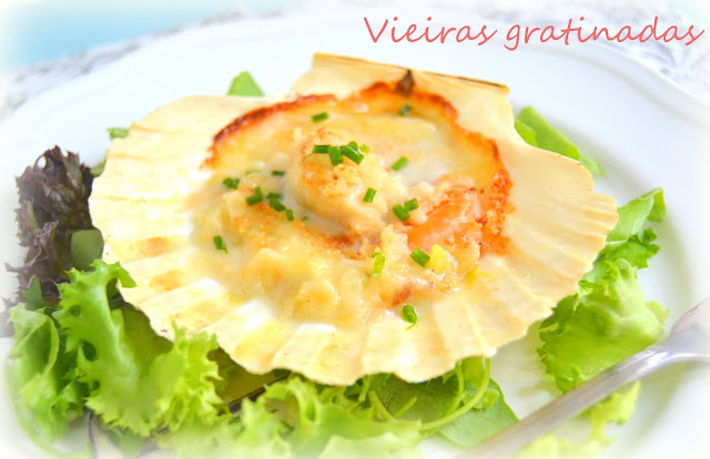 Vieiras gratinadas con bechamel de puerro o cebolleta