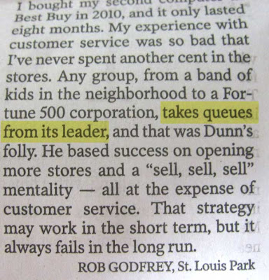 Letter to the editor text that says companies take their queues (should be cues) from their leaders