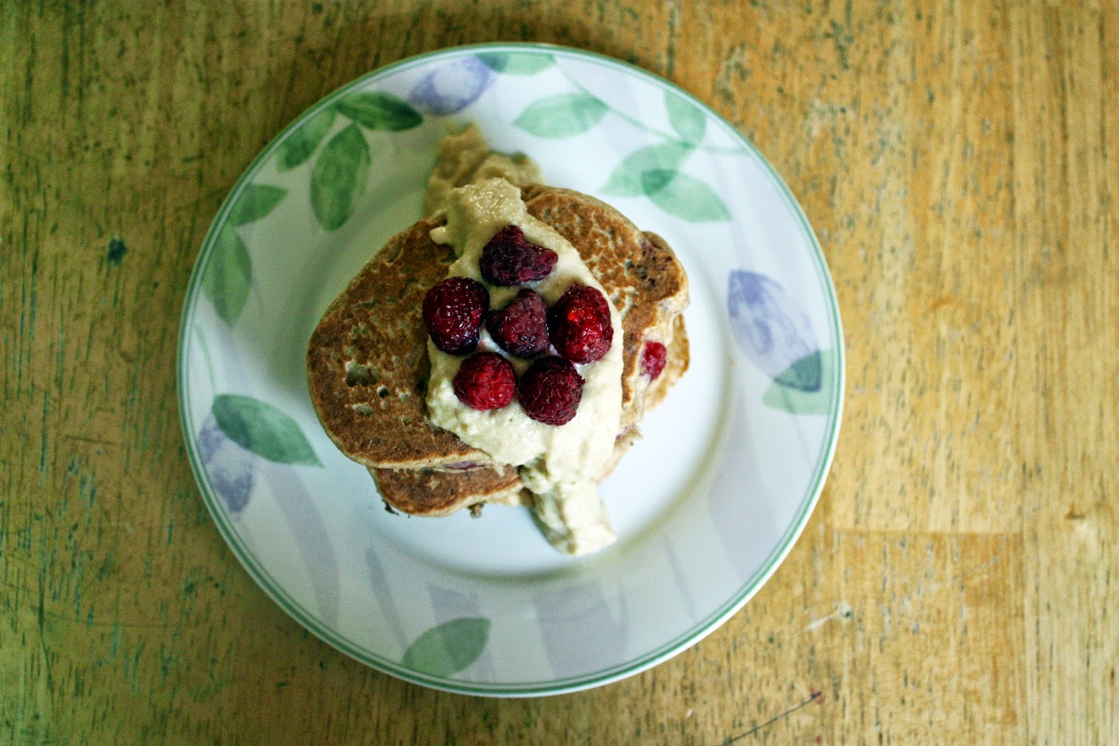 Vegan buckwheat raspberry pancakes with cashew cheesecake sauce How