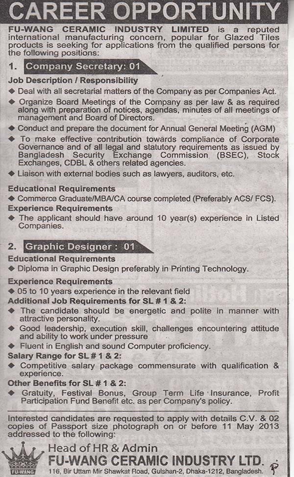 Jobs Barta Fu Wang Ceramic Industry Limited Bangladesh Jobs Circular Post Company Secratary